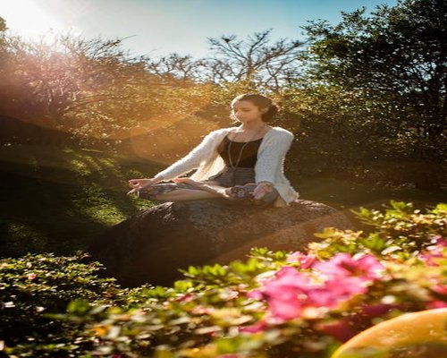 Woman meditating outdoors in sunlight